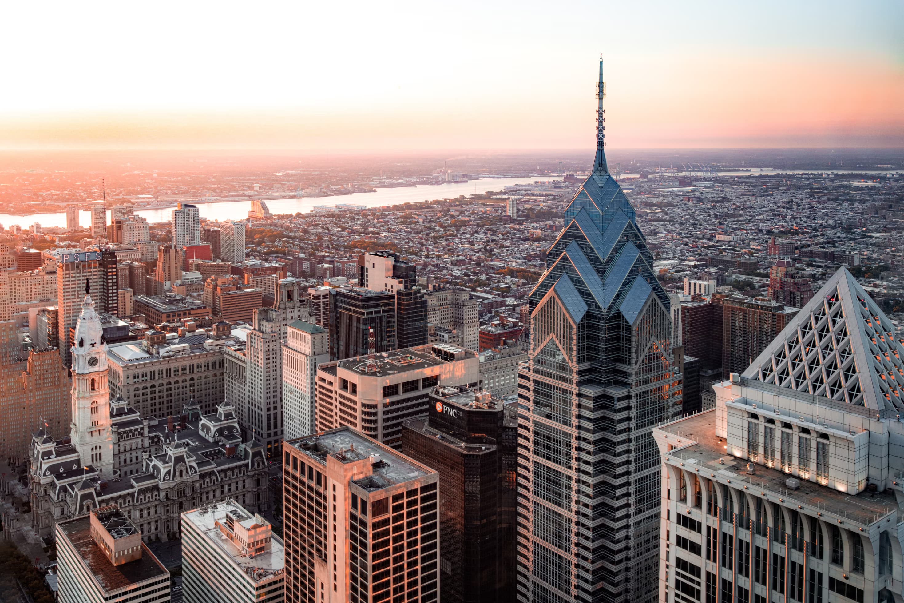 Philadelphia skyline view featuring commercial buildings and offices that we service